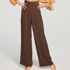 Women's Brown & Peach One-Shoulder Ruffle Sleeve Ballroom Dance Top & Pleated Wide-Leg Pants Set