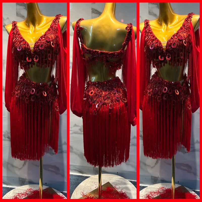 Women's Red Sequin Fringe Belly Dance Costume with Chiffon Sleeves
