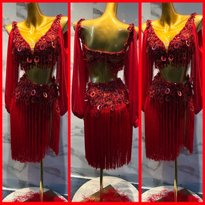 Women's Red Sequin Fringe Belly Dance Costume with Chiffon Sleeves