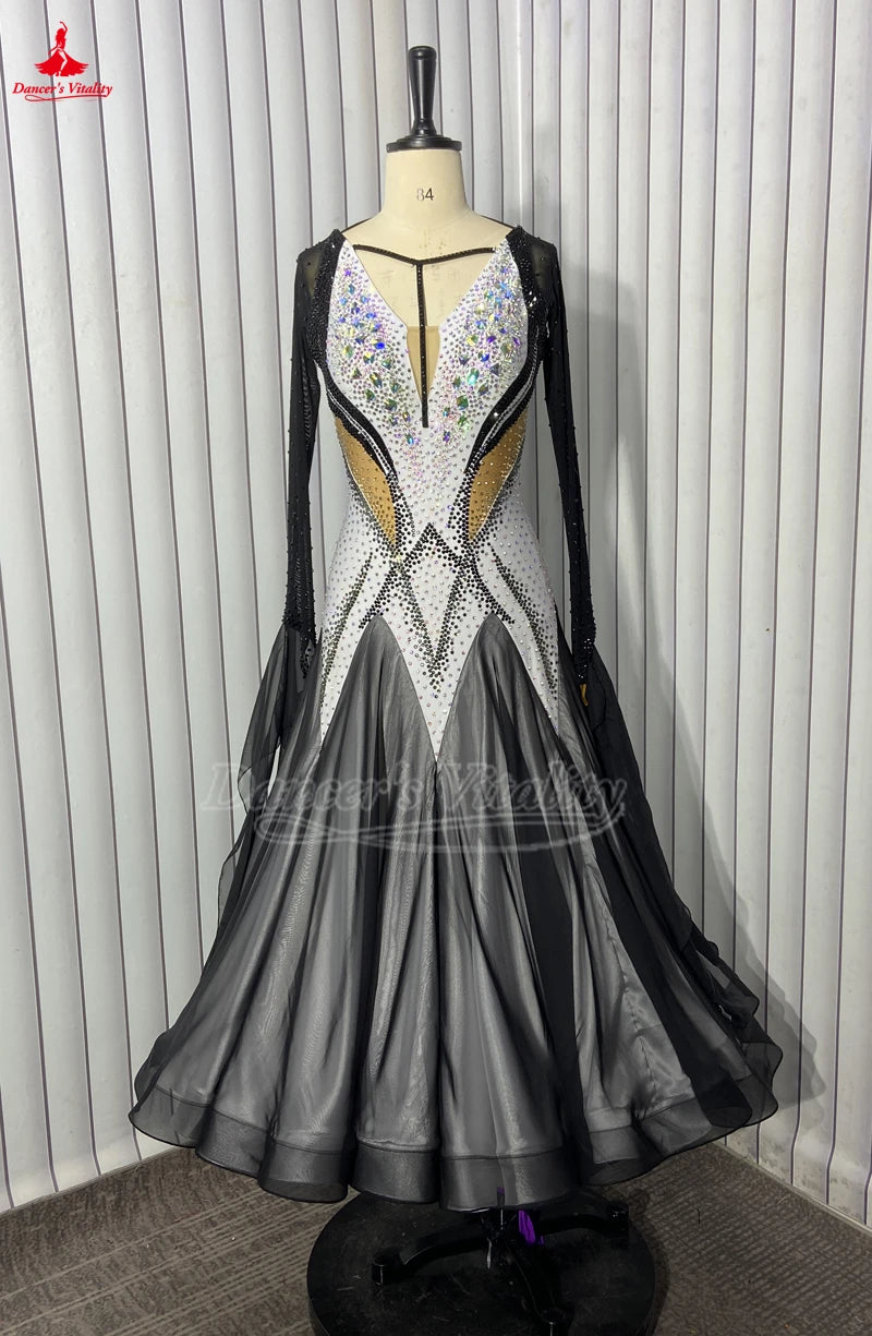 Women's Standard Ballroom Competition Dress With Long Sleeves And Full Swing Skirt For Waltz, Foxtrot, Tango, Quickstep
