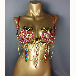 Rhinestone Heart Bra Top, Women's Red/Pink/Gold Embellished with Chains and Faux Pearls, Belly Dance/Carnival/Burlesque Costume Bra
