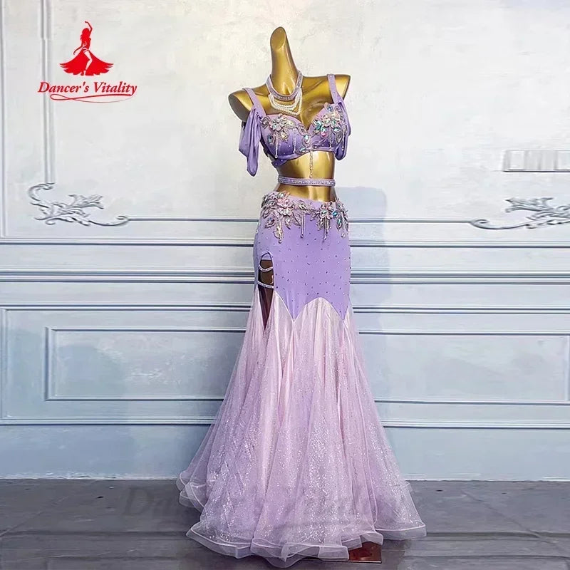 Belly Dance Costume Women's Lavender Sequin Beaded Bra Top Slit Skirt Set with Mesh Overlay for Performance