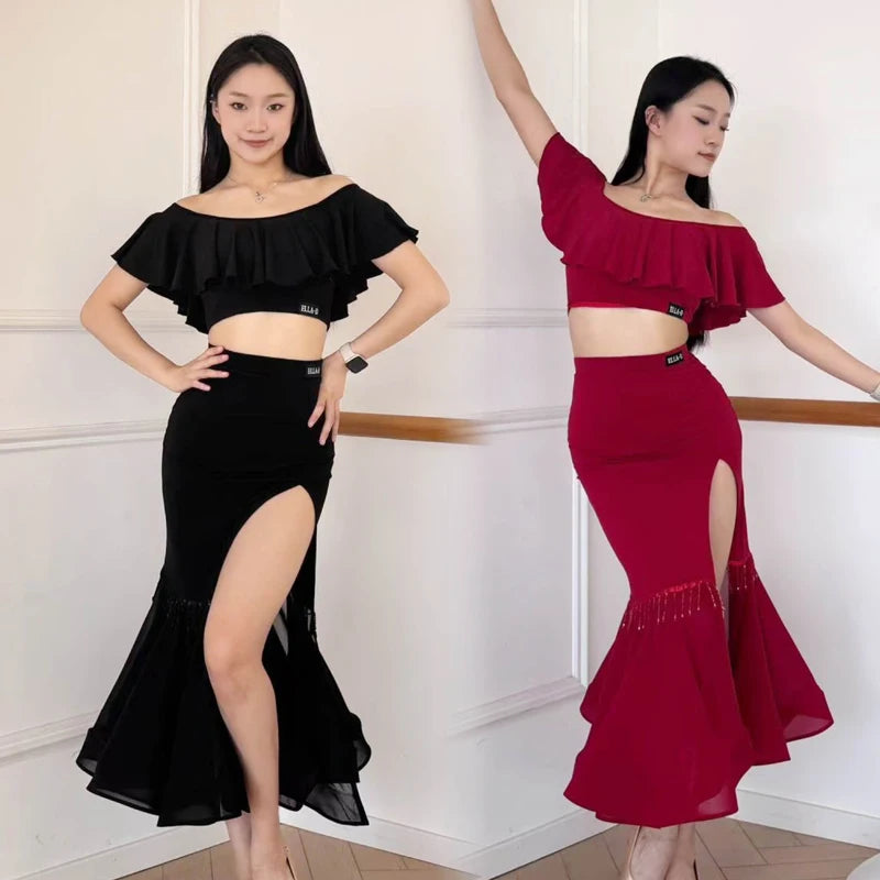Women's Black and Red Off-Shoulder Ruffle Crop Top and High Slit Ruffled Hem Latin Dance Skirt Set