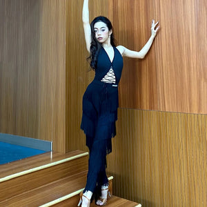 Dance Jumpsuit Women's Red Halter Fringe Latin Dance Bodysuit with Pants, Black Halter Fringe Latin Dance Bodysuit with Pants, Blue Halter Fringe Latin Dance Bodysuit with Pants