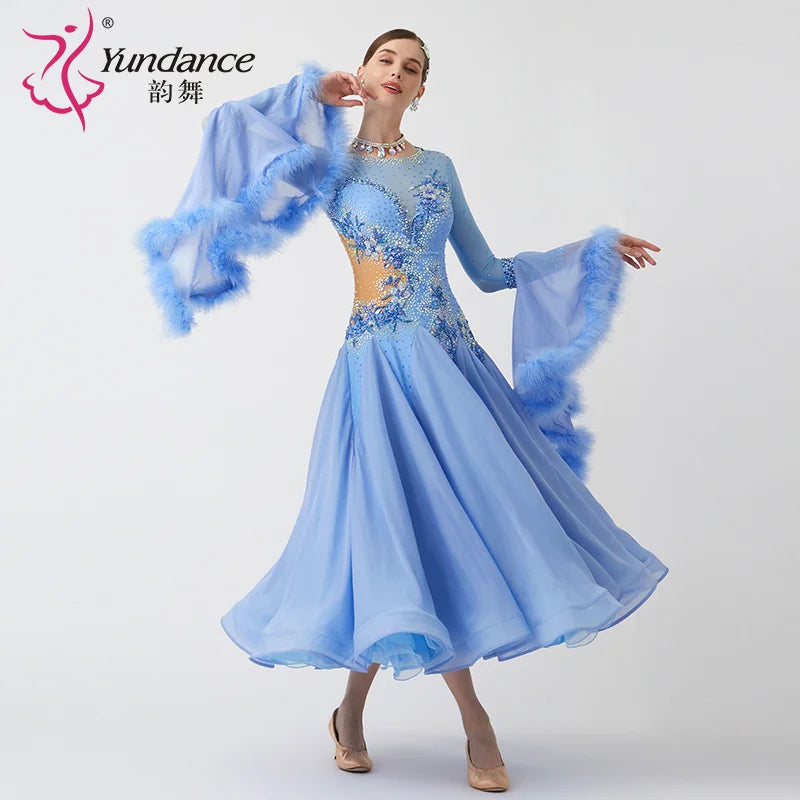 Women Modern Dance Rhinestone Color Diversity Dress Ballroom National Standard Waltz Competition Performance