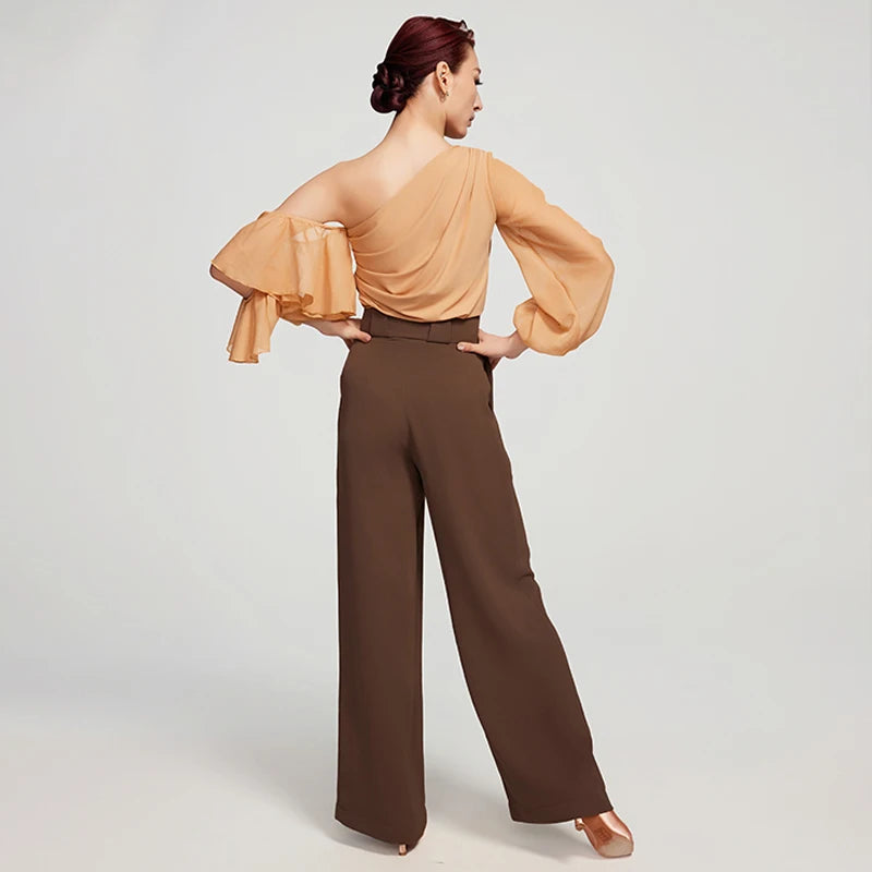 Women's Brown & Peach One-Shoulder Ruffle Sleeve Ballroom Dance Top & Pleated Wide-Leg Pants Set