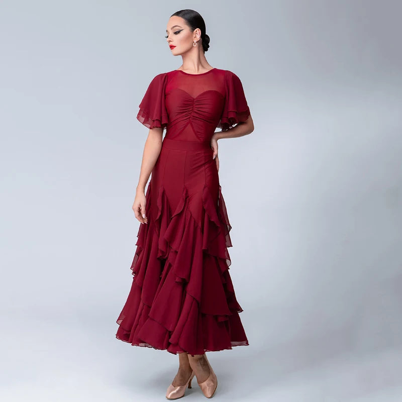 Women's Burgundy Chiffon Mesh Ruffled Ballroom Latin Dance Dress
