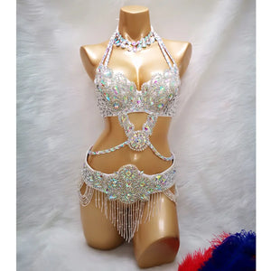 Dance Costume Women's White Iridescent Crystal Beaded Halter Bra and Belt Set with Fringe, Belly Dance