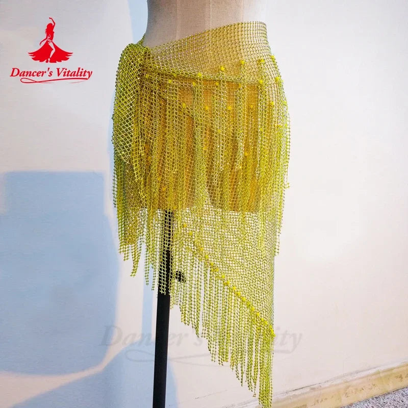 Belly Dance Hip Scarf, Women's Teal Blue Sequin Fringe Mesh Skirt, Latin Dance Hip Wrap