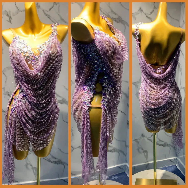 Latin Dance Dress Women's Purple Rhinestone Chainmail Fringe Open Back Ballroom Performance Dress