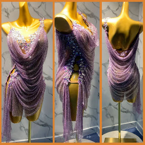 Latin Dance Dress Women's Purple Rhinestone Chainmail Fringe Open Back Ballroom Performance Dress