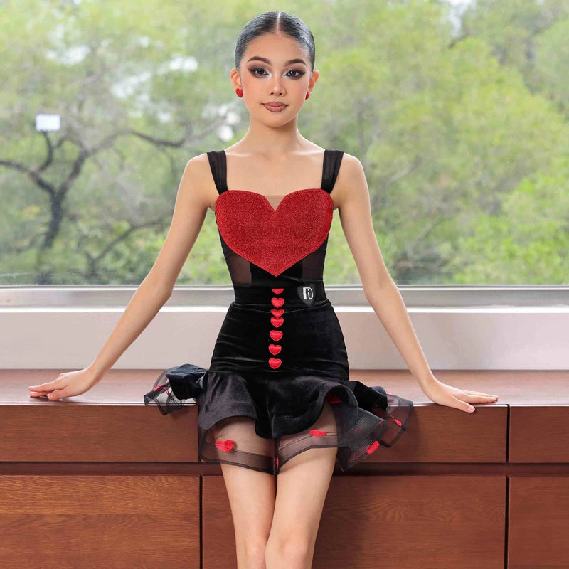Girls Black & Red Velvet Glitter Heart Mesh Latin Dance Dress
