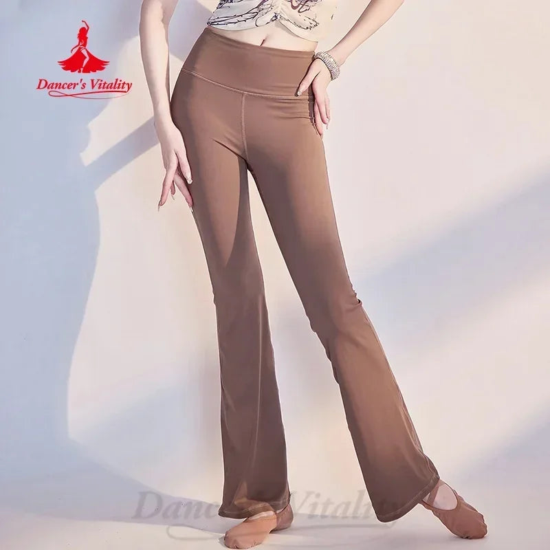 Women's Black Flare Dance Pants with Rhinestone Waistband, Belly Dance/Latin Dance Performance Trousers