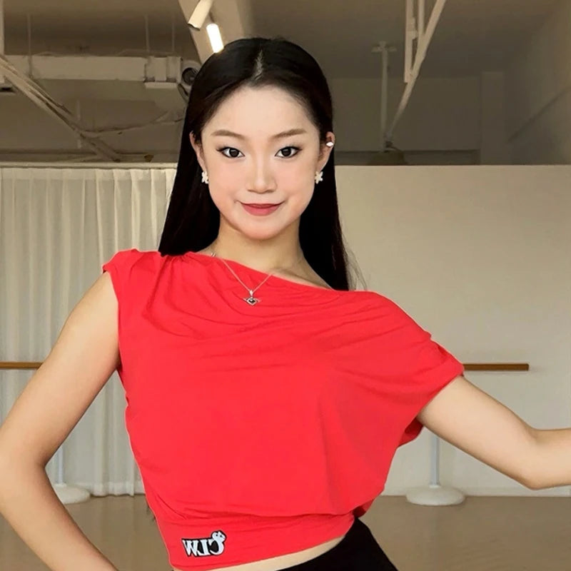 Women's Off-Shoulder Dance Top, Solid & Animal Print, Short Sleeve, Polyester Blend, Latin Dance