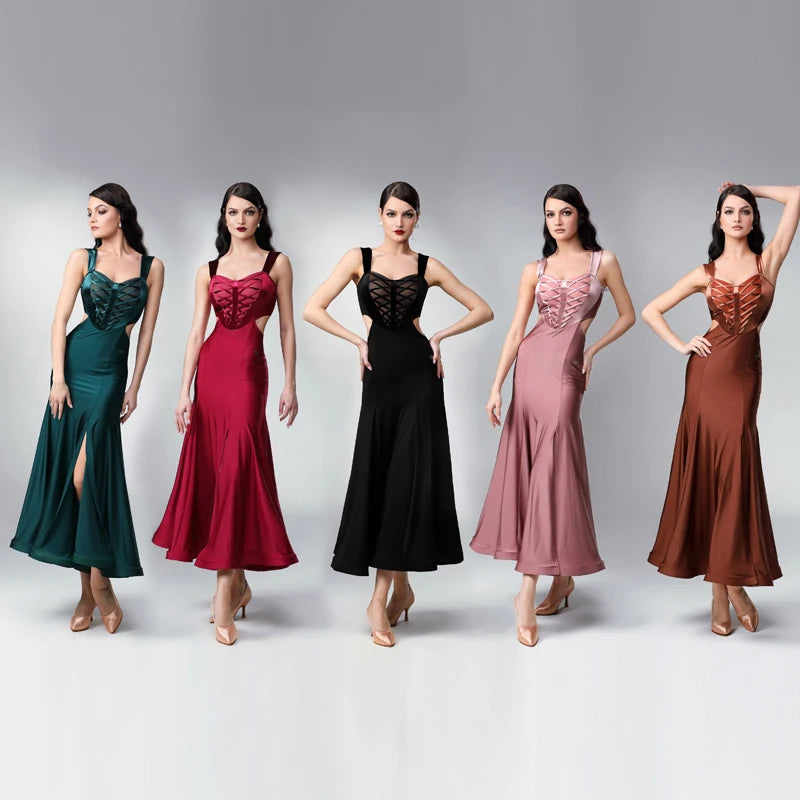 Women's Emerald Green, Burgundy, Black, Dusty Rose, and Copper Sleeveless Lace-Up Side Cut-Out Tango Dance Dress