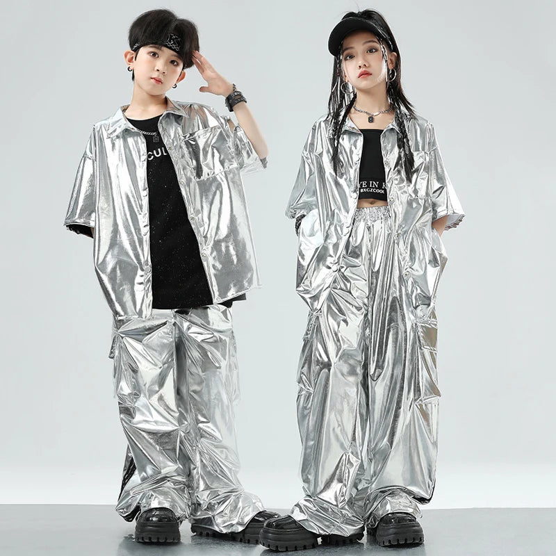 Kids' Silver Metallic Hip Hop Dance Costume Set, Loose Fit Short Sleeve Shirt & Cargo Pants