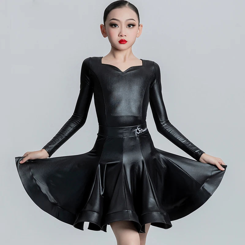 Girls Latin Dance Dress, Brown Red Black White Faux Leather Long Sleeve Skirt