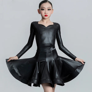 Girls Latin Dance Dress, Brown Red Black White Faux Leather Long Sleeve Skirt