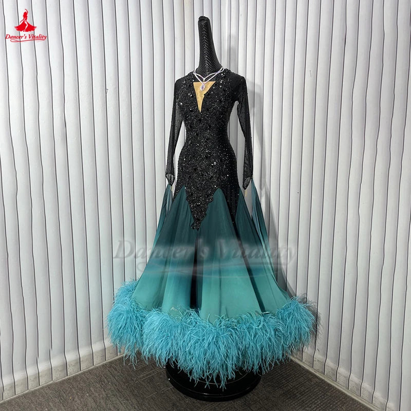 Women's Ballroom Dance Dress Ombre Chiffon Ostrich Feathers Swing Skirt Adult Waltz Foxtrot Tango Competition