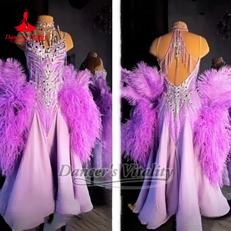 Ballroom Dance Purple Sexy Sleeveless Backless Professional Graceful Dress Dancer's Vitality Adult Foxtrot Feather Style Outfit