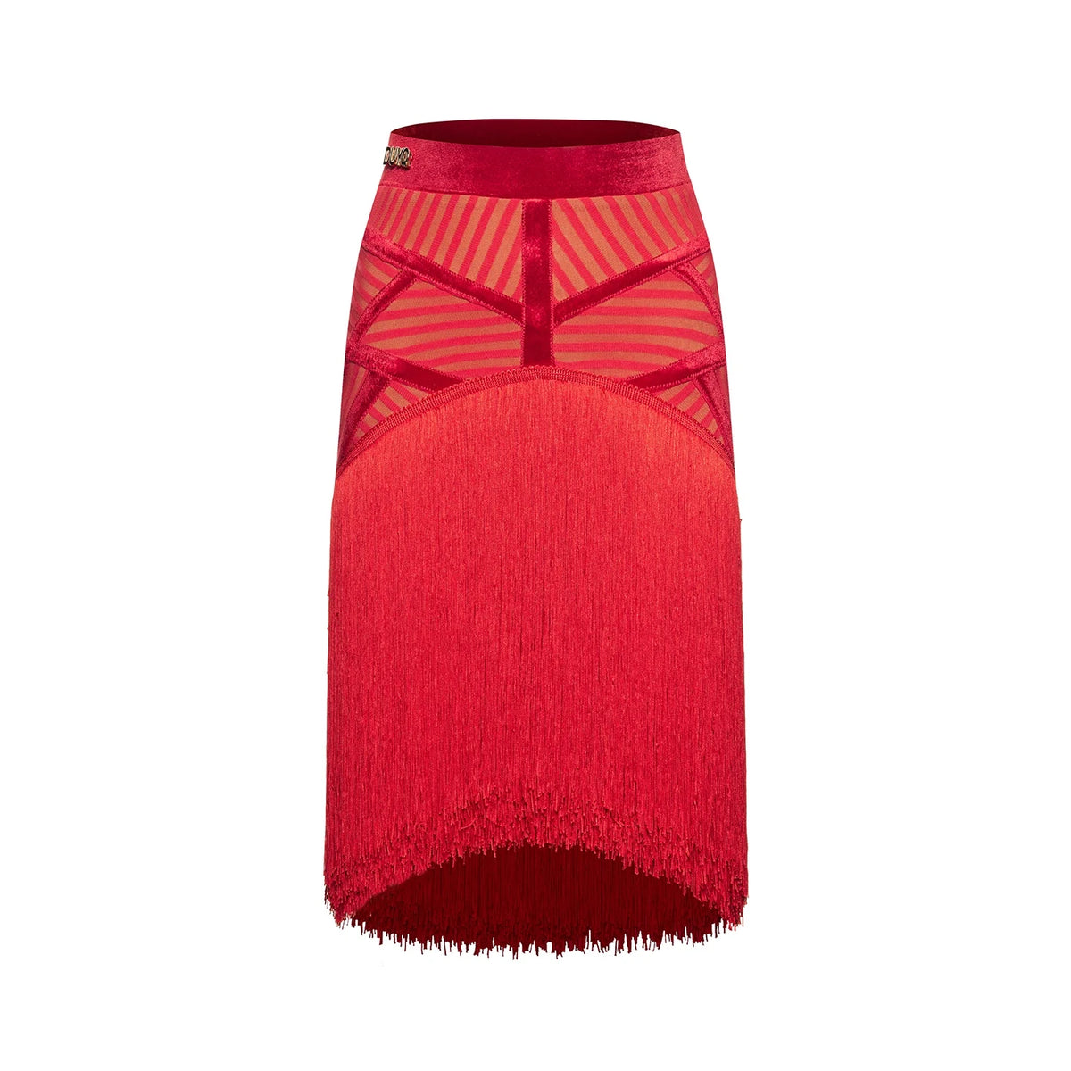 Women's Red Latin Dance Dress with Fringe Skirt & Mesh Bodice