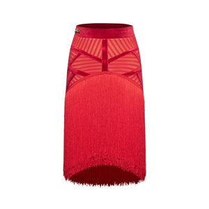 Women's Red Latin Dance Dress with Fringe Skirt & Mesh Bodice