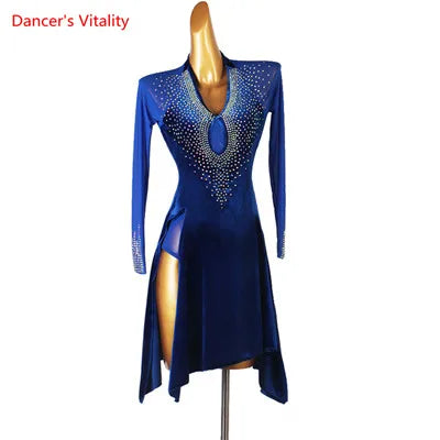 Latin Dance Dress Women Black Rhinestone Mesh Long Sleeve Keyhole Velvet Slit Skirt
