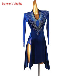 Latin Dance Dress Women Black Rhinestone Mesh Long Sleeve Keyhole Velvet Slit Skirt