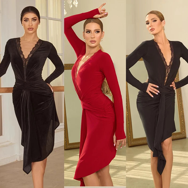 Women's Black Velvet Lace V-Neck Asymmetrical Ballroom Dance Dress, Women's Red Jersey Lace V-Neck Asymmetrical Ballroom Dance Dress