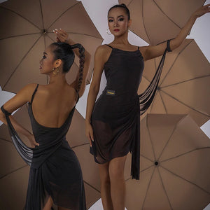 Women's Blue Ruched Draped Mesh Latin Dance Dress