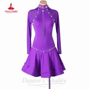 Women's Royal Blue Rhinestone Mesh Long Sleeve Latin Ballroom Dance Dress