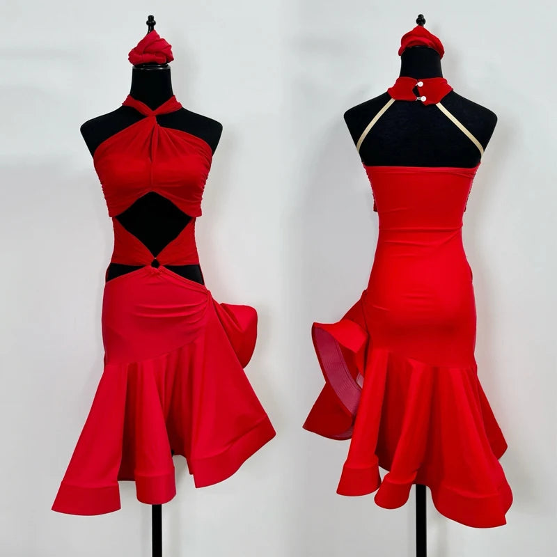 Latin Dance Dress Women's Black Neon Yellow Red Halter Cutout Knot Detail Ruffled Hem Performance Costume