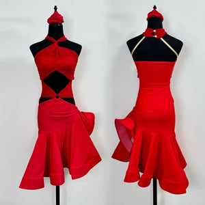 Latin Dance Dress Women's Black Neon Yellow Red Halter Cutout Knot Detail Ruffled Hem Performance Costume