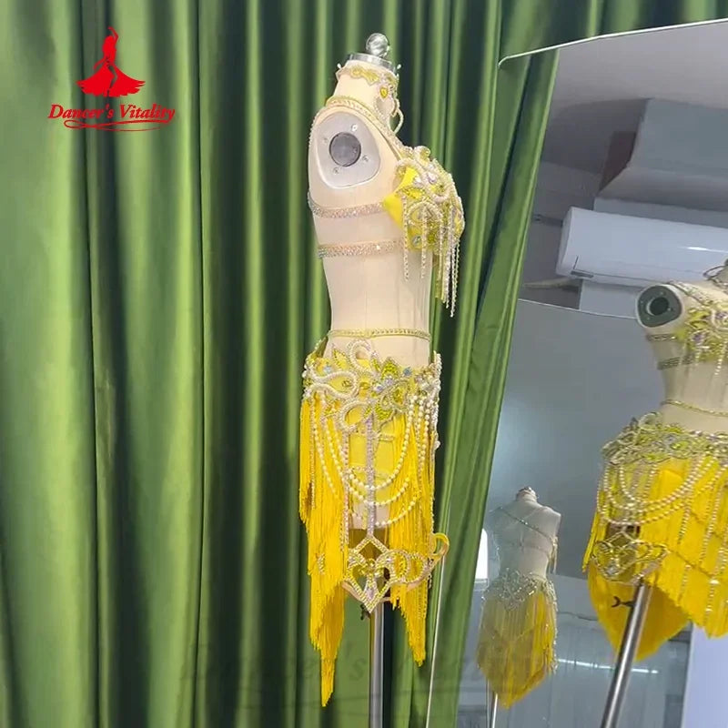 Belly Dance Costume Set With Pearl-Embellished Bra And Tassel Skirt For Adult & Kids Performance