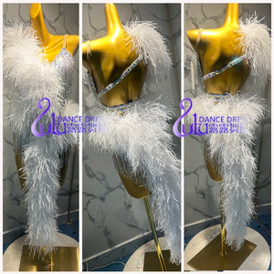 Latin Dance Dress Women's White Feather & Rhinestone Fringe Performance Costume