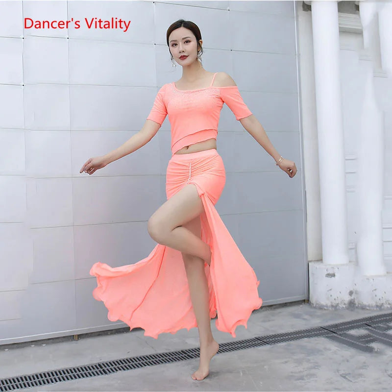 Women's Pink Rhinestone Off-Shoulder Crop Top and Ruched Maxi Skirt Latin Dance Set