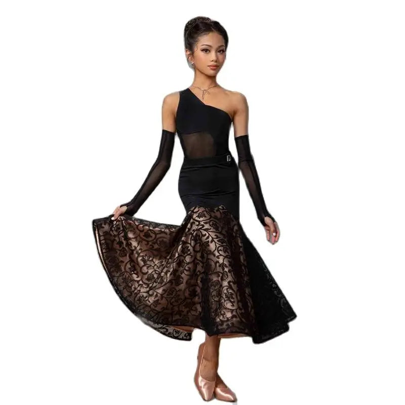 Women's Black One-Shoulder Mesh & Lace Ballroom Dance Dress with Arm Sleeves