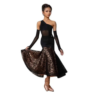 Women's Black One-Shoulder Mesh & Lace Ballroom Dance Dress with Arm Sleeves