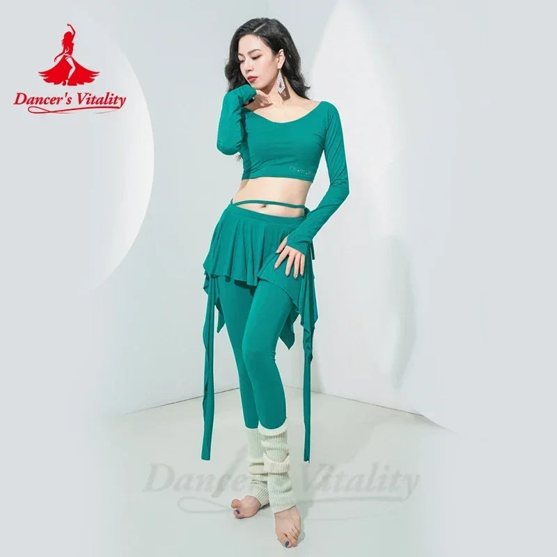 Belly Dance Practice Set Women's Teal Green Long Sleeve Crop Top with Skirted Leggings and Ribbed Leg Warmers