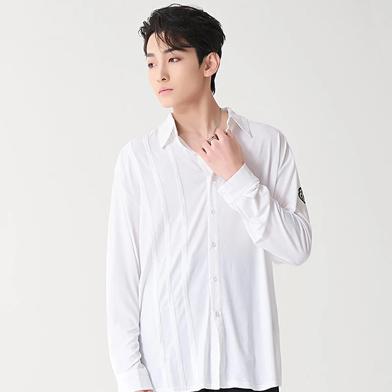 Men's Black & White Long Sleeve Button-Up Dance Shirts with Logo, Black Trousers, and Black Dance Shoes - Ballroom/Latin