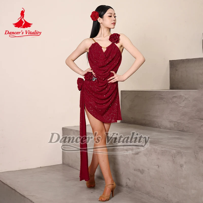 Latin Dance Dress Women's Red Sparkle Backless Draped Fringe Rumba Samba Cha Cha Performance Costume