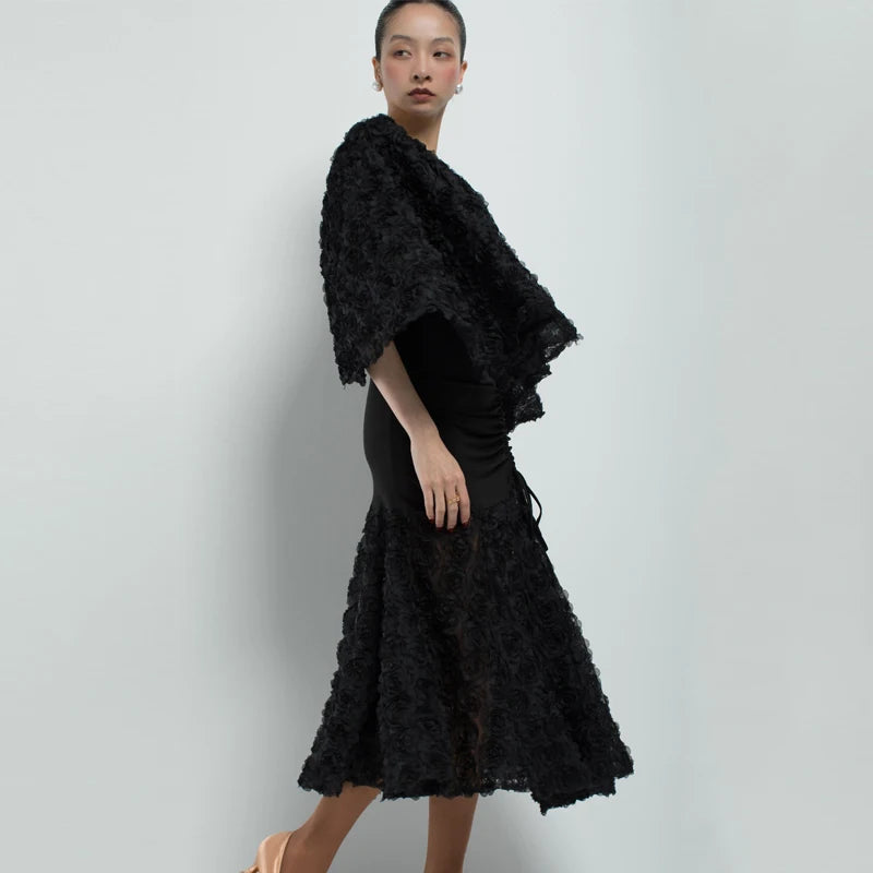 Women's Black Ruffled V-Neck Top and Ruched Ruffle Hem Skirt Latin Dance Dress