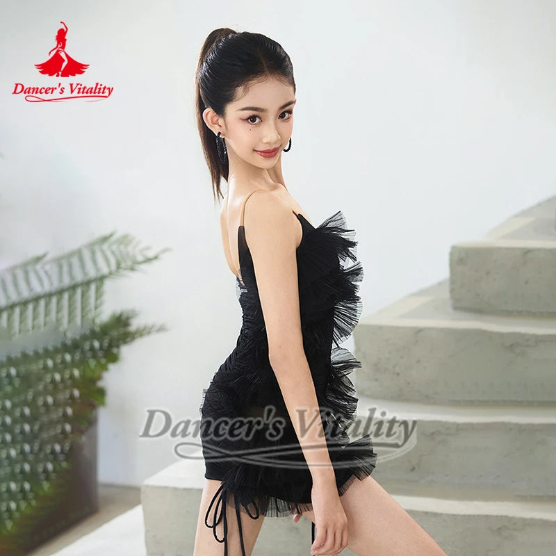 Dance Dress Women's Light Blue Ruched Ruffled Mesh Mini Dress, Dance Dress Women's Black Ruched Mesh Mini Dress, Latin Salsa Rumba Dancewear