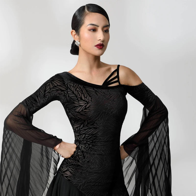 Ballroom Dance Dress Women Black Sheer Chiffon Velvet Leaf Print Pleated Long Sleeve Modern Waltz Foxtrot Tango