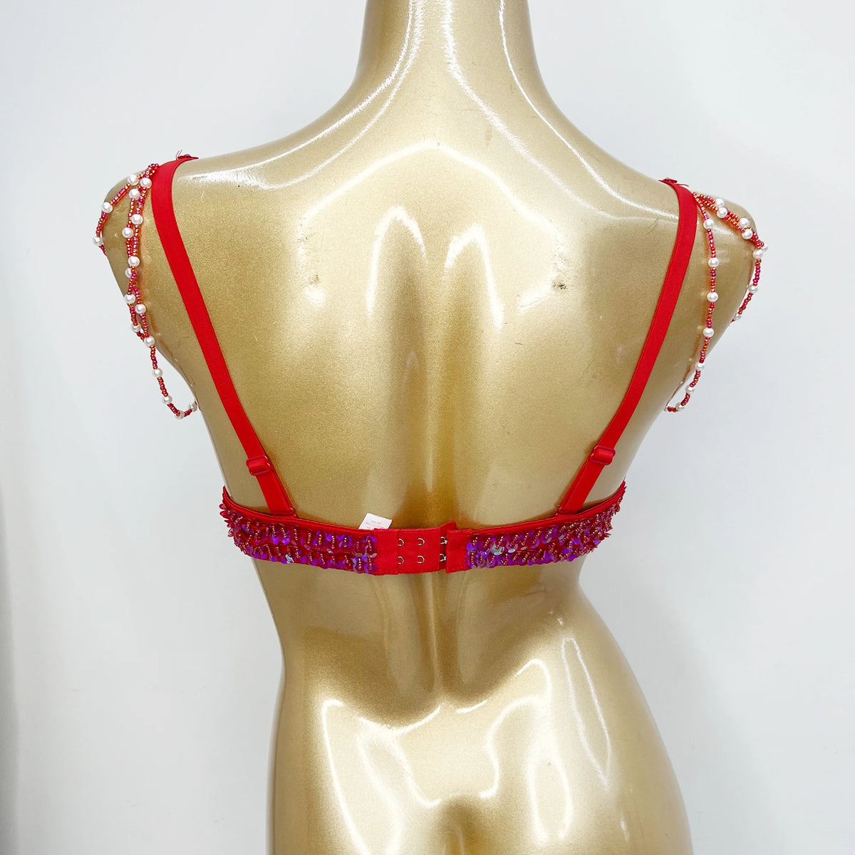 Women's Red Sequin & Pearl Beaded Belly Dance Bra Top with Shoulder & Waist Chains