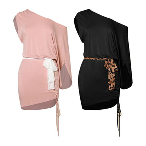 Women's Pink Off-Shoulder Dolman Sleeve Ruched Mini Dress with White Tie, Ballet Dance