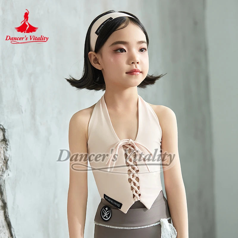 Girls' Pink Halter Crop Top and Grey Bell Bottom Dance Pants Set, Ruffled Waist, Lace-Up Front, Modern Dance