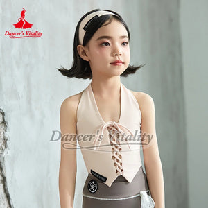 Girls' Pink Halter Crop Top and Grey Bell Bottom Dance Pants Set, Ruffled Waist, Lace-Up Front, Modern Dance