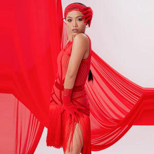 Women's Red Latin Dance Dress with Fringe Skirt & Mesh Bodice