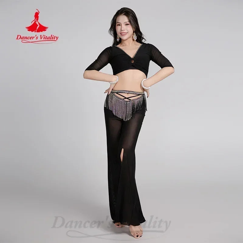 Women's Belly Dance Two-Piece Costume Set With V-Neck Top And Rhinestone Tassel Pants For Practice
